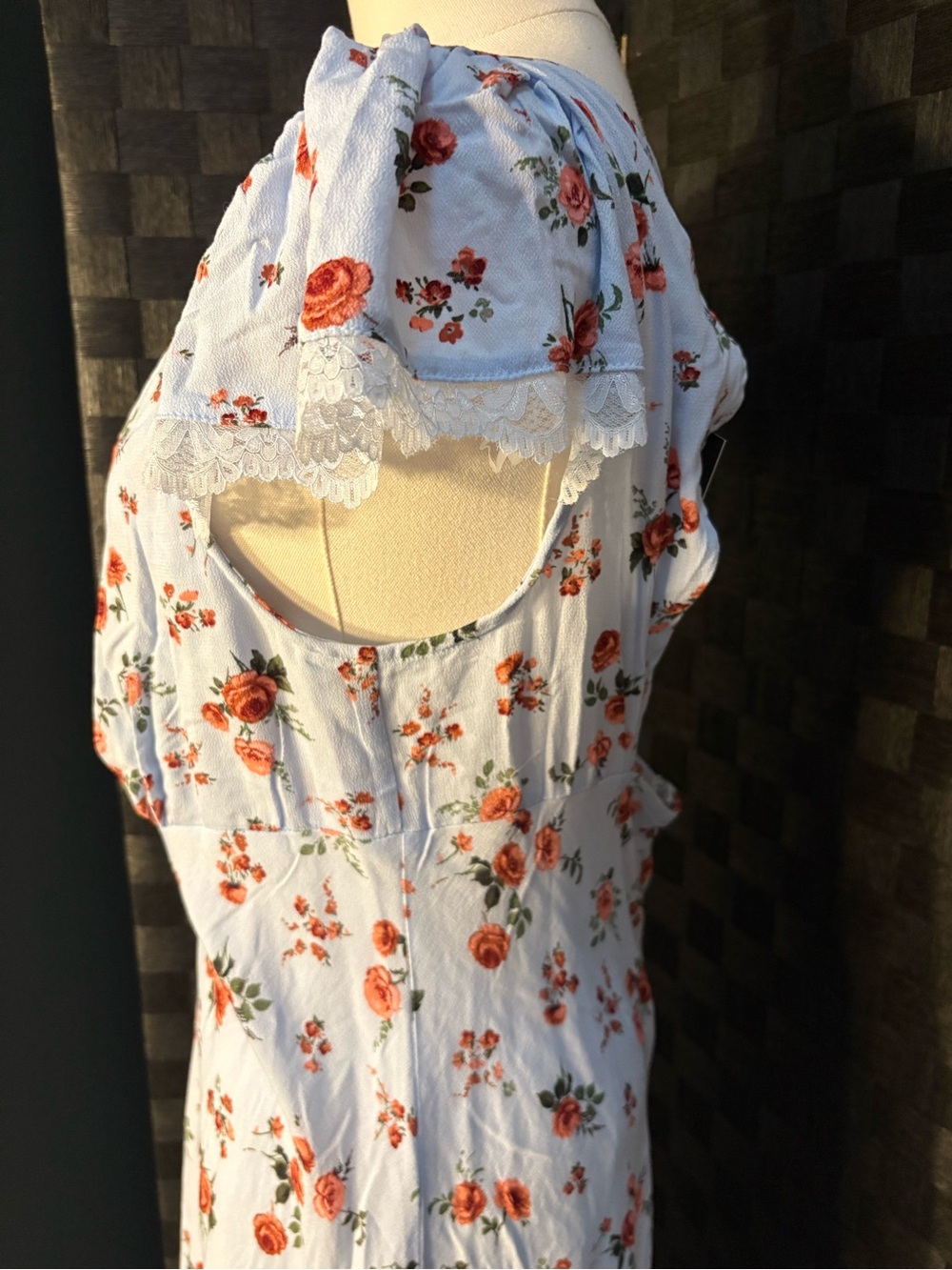 Cottagecore Light Blue Floral Maxi Dress Lace Trim Short Sleeves - Picture 3 of 5